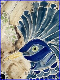 Art Pottery 14 Plate / Bowl / Dish features Dramatic Blue Peacock Bird Design