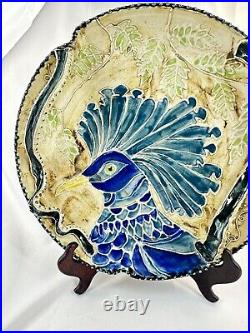 Art Pottery 14 Plate / Bowl / Dish features Dramatic Blue Peacock Bird Design