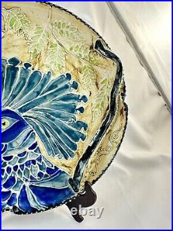 Art Pottery 14 Plate / Bowl / Dish features Dramatic Blue Peacock Bird Design