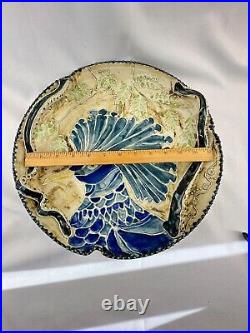Art Pottery 14 Plate / Bowl / Dish features Dramatic Blue Peacock Bird Design