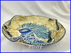 Art Pottery 14 Plate / Bowl / Dish features Dramatic Blue Peacock Bird Design