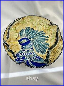 Art Pottery 14 Plate / Bowl / Dish features Dramatic Blue Peacock Bird Design