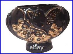 Art Pottery 3 Vintage Lot Set Black Vases 22k Gold Floral Hand Painted Ceramic