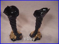 Art Pottery 3 Vintage Lot Set Black Vases 22k Gold Floral Hand Painted Ceramic