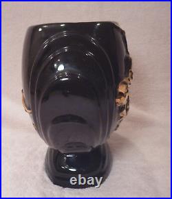 Art Pottery 3 Vintage Lot Set Black Vases 22k Gold Floral Hand Painted Ceramic