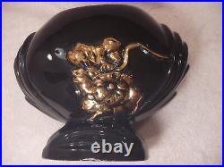 Art Pottery 3 Vintage Lot Set Black Vases 22k Gold Floral Hand Painted Ceramic