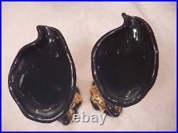 Art Pottery 3 Vintage Lot Set Black Vases 22k Gold Floral Hand Painted Ceramic