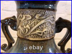 Art Pottery Asian Inspired Drip Glaze Ceramic Handled Vase with Dragon Motif