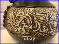 Art Pottery Asian Inspired Drip Glaze Ceramic Handled Vase with Dragon Motif