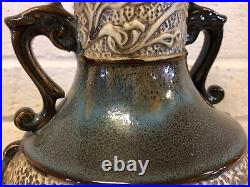 Art Pottery Asian Inspired Drip Glaze Ceramic Handled Vase with Dragon Motif