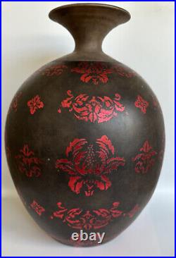 Art Pottery Ceramic Black/Brown Sparkling Red Flowers Vase Large 16in