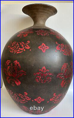 Art Pottery Ceramic Black/Brown Sparkling Red Flowers Vase Large 16in