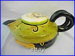 Art Pottery Folk Ceramic Hand Made Tea Pot great graphics Green Black Curio KB