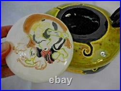 Art Pottery Folk Ceramic Hand Made Tea Pot great graphics Green Black Curio KB