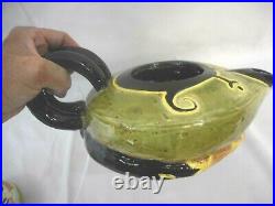 Art Pottery Folk Ceramic Hand Made Tea Pot great graphics Green Black Curio KB