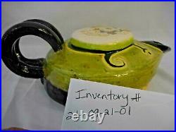 Art Pottery Folk Ceramic Hand Made Tea Pot great graphics Green Black Curio KB