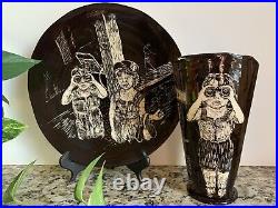 Art Pottery Sgraffito Drawing Plate&Vase Signed Janis Fisher Stoneware Ceramic