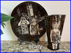 Art Pottery Sgraffito Drawing Plate&Vase Signed Janis Fisher Stoneware Ceramic