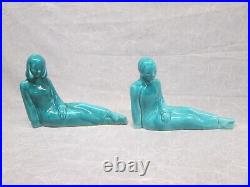 Art Pottery Teal Turquoise Man Woman Asian Chinese Bookends Statues Figurines