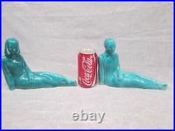 Art Pottery Teal Turquoise Man Woman Asian Chinese Bookends Statues Figurines