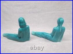 Art Pottery Teal Turquoise Man Woman Asian Chinese Bookends Statues Figurines