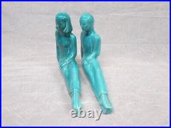 Art Pottery Teal Turquoise Man Woman Asian Chinese Bookends Statues Figurines