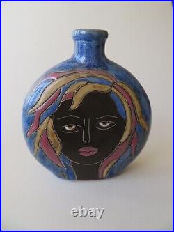 Art Pottery Vase With 2 Faces - Hand Made & Painted - Illegibly Signed