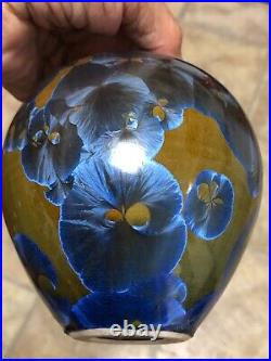 Art Studio Pottery Crystalline Glaze Round Vase Gray and Blue 4x4 Signed