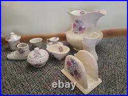 Athena Pottery Ceramic Set Ivory Purple with Flowers Design