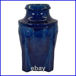 Awaji Japanese 1900-1910 Art Deco Pottery Four Buttressed Blue Ceramic Vase