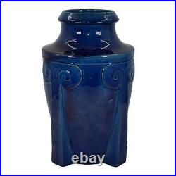 Awaji Japanese 1900-1910 Art Deco Pottery Four Buttressed Blue Ceramic Vase