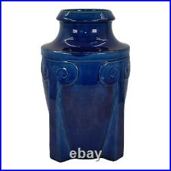 Awaji Japanese 1900-1910 Art Deco Pottery Four Buttressed Blue Ceramic Vase