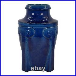 Awaji Japanese 1900-1910 Art Deco Pottery Four Buttressed Blue Ceramic Vase