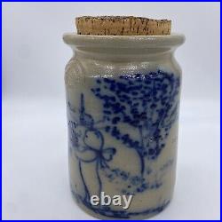 Beaumont Pottery Bear Scene Pot Jar 1985 Handmade Blue Cork Lid