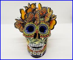 Big Alfonso Castillo day of the dead skull monarch butterflies ceramic folk art