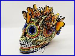 Big Alfonso Castillo day of the dead skull monarch butterflies ceramic folk art