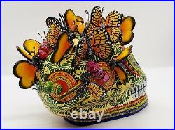 Big Alfonso Castillo day of the dead skull monarch butterflies ceramic folk art