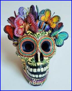 Big amazing Alfonso Castillo day of the dead skull butterflies ceramic folk art