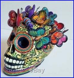 Big amazing Alfonso Castillo day of the dead skull butterflies ceramic folk art