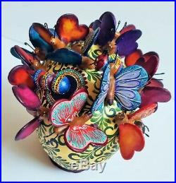 Big amazing Alfonso Castillo day of the dead skull butterflies ceramic folk art