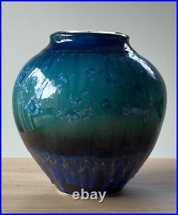 Bill Campbell Pottery Blue Green Crystalline Drip Glaze Studio Vase 10.5 LARGE