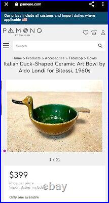 Bitossi Signed Ceramic Duck Shape Art Pottery Bowl by Aldo Londi 60s Italian MCM