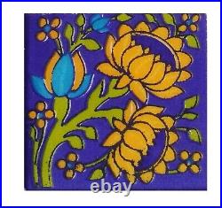 Blue Art Pottery Ceramic Wall Interior Exterior Crafted Wall Floral 2 x 2 Tiles