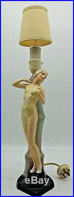 British Art Pottery Risque Figural Lady Working Ceramic Electric Lamp With Shade