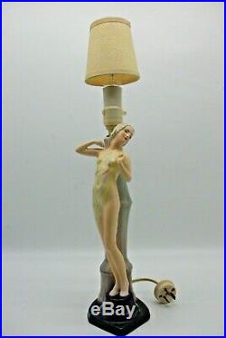 British Art Pottery Risque Figural Lady Working Ceramic Electric Lamp With Shade