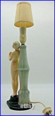 British Art Pottery Risque Figural Lady Working Ceramic Electric Lamp With Shade