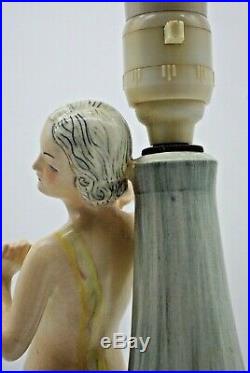 British Art Pottery Risque Figural Lady Working Ceramic Electric Lamp With Shade