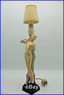 British Art Pottery Risque Figural Lady Working Ceramic Electric Lamp With Shade