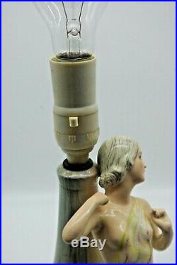 British Art Pottery Risque Figural Lady Working Ceramic Electric Lamp With Shade