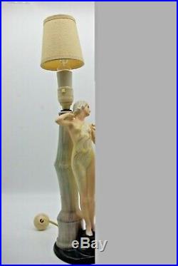 British Art Pottery Risque Figural Lady Working Ceramic Electric Lamp With Shade